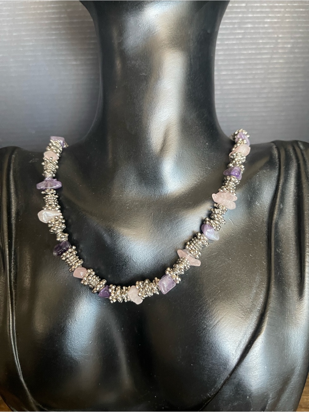 Amethyst and rose quartz silver tone chunky beaded statement necklace